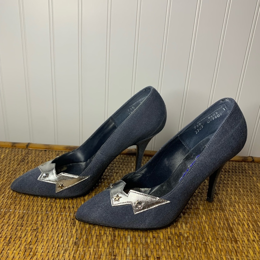 Vintage QualiCraft Blue Jean Denim Silver High Heels Retro Gem Sz 7.5 80’s NEW